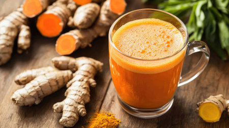 Vibrant turmeric juice served in a glass mug alongside fresh roots, showcasing its natural color and health benefits. Perfect for wellness enthusiasts.の素材