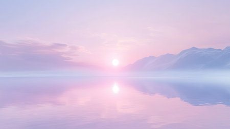 A breathtaking sunrise paints the sky in soft pastel colors, reflecting perfectly on a calm body of water beside misty mountains, creating a serene landscape.の素材