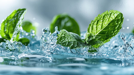 Fresh mint leaves create a stunning splash in clear water, capturing the essence of nature's freshness. Ideal for culinary and wellness themes, this image showcases vibrant green foliage against a serene background.の素材