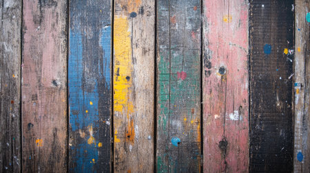 A vibrant background of rustic wooden planks featuring a mix of colors and paint splatters, perfect for artistic and design projects.の素材