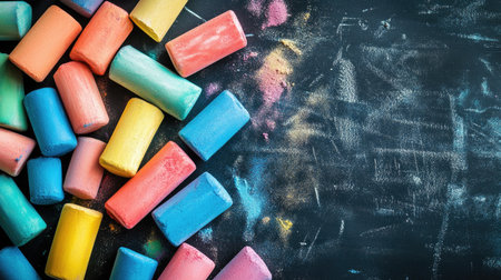 A vibrant spread of colorful chalk sticks scattered on a black chalkboard surface, ideal for artistic projects, educational themes, or creative backgrounds.の素材