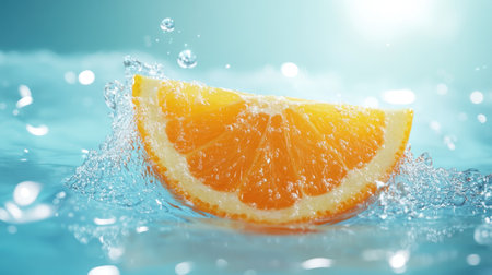 A vibrant slice of orange splashes in clear water, capturing the essence of freshness and summer. Ideal for wellness and food-related projects.の素材