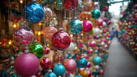 A vibrant display of colorful Christmas ornaments hanging in a holiday market, creating a festive and cheerful atmosphere perfect for seasonal celebrations.の素材