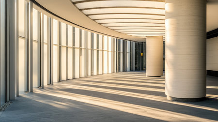 A spacious interior showcasing modern architecture with curved lines. Soft light casts dynamic shadows, creating an elegant and minimalist atmosphere.の素材