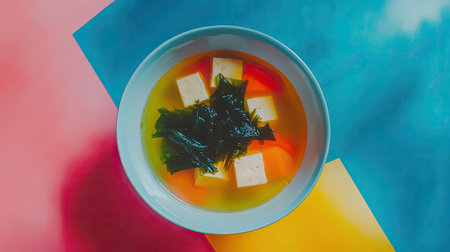 A vibrant bowl of soup featuring tofu and seaweed, perfect for a healthy meal. This colorful dish offers a nourishing option for any dining occasion.の素材