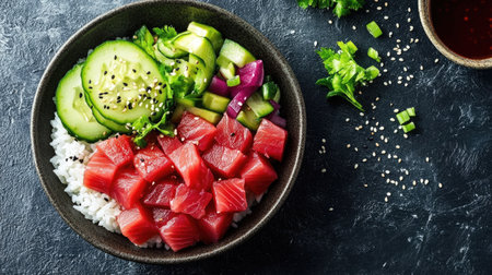 A vibrant tuna poke bowl featuring fresh cubed tuna, sushi rice, and assorted vegetables. Perfect for a healthy meal or snack option.の素材