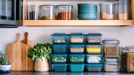 Bright and organized kitchen storage featuring clear containers filled with various food items. Ideal for showcasing modern home organization and minimalism.の素材