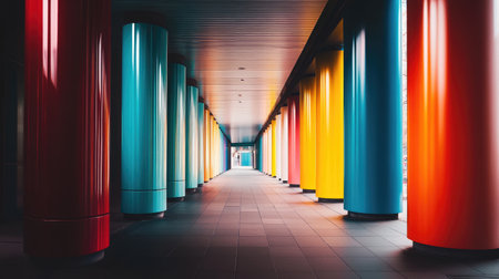 A striking interior hallway featuring vibrant, colorful columns that create a visually dynamic and modern atmosphere, perfect for architectural inspiration.の素材