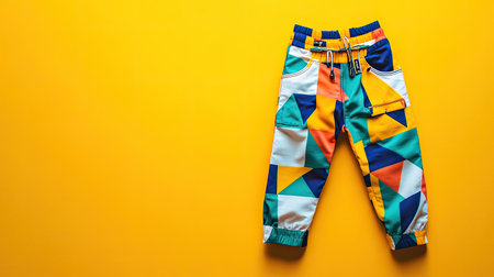 Bright and colorful casual pants featuring a geometric design, perfect for kids. Ideal for summer outfits and playful fashion choices.の素材