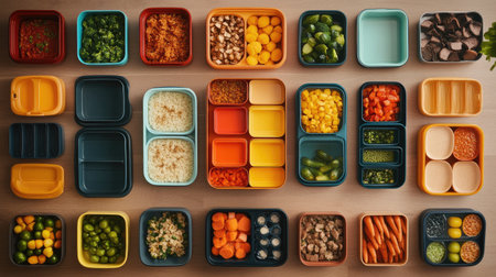 Explore a vibrant arrangement of food storage containers filled with fresh ingredients, perfect for meal prep and healthy eating in a stylish kitchen.の素材