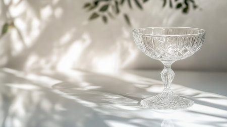 A stunning crystal glass on a simple surface, showcasing intricate designs illuminated by soft light and playful shadows, perfect for elegant decor.の素材