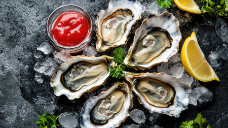 Discover a tempting arrangement of fresh oysters on ice, garnished with lemon wedges and a vibrant sauce. Perfect for seafood lovers and gourmet dining.の素材