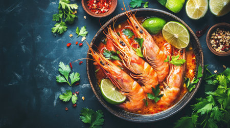 A vibrant bowl of fresh shrimp garnished with lime and herbs, surrounded by spices and aromatic ingredients, perfect for a delightful meal presentation.の素材