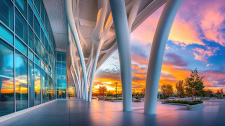 A striking view of modern architecture featuring elegant columns and expansive glass windows against a vibrant sunset backdrop. Ideal for showcasing contemporary design.の素材