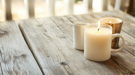 A peaceful arrangement of candles on a rustic wooden table, offering warmth and tranquility. Perfect for creating a cozy atmosphere in any home setting.の素材