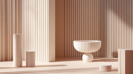 A serene minimalist interior featuring soft textures and shapes. The play of light and shadows accentuates the elegant design, creating a peaceful atmosphere.の素材