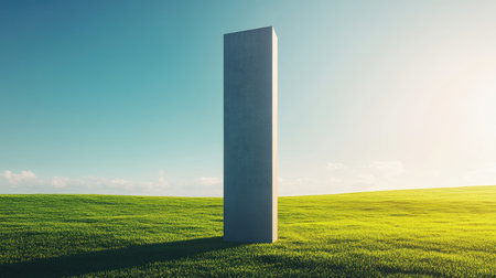 A striking minimalist structure stands alone in a vibrant green field under a clear blue sky, capturing the essence of tranquility and modern design.の素材