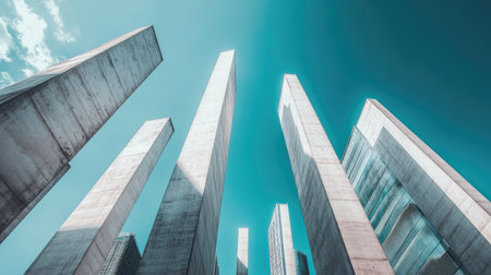 A striking image showcasing tall concrete pillars reaching towards a clear blue sky, highlighting modern architectural design and geometric shapes.の素材