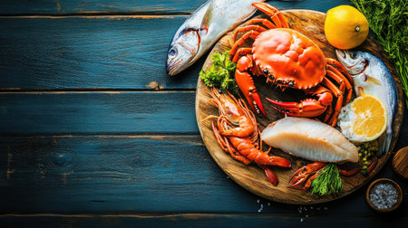 This vibrant image showcases a selection of fresh seafood, including crab, shrimp, and fish, beautifully arranged on a rustic wooden table. Perfect for culinary projects.の素材