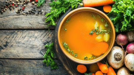 A vibrant bowl of fresh vegetable soup featuring seasonal ingredients and herbs, beautifully arranged on a rustic wooden table surface. Ideal for healthy recipes.の素材