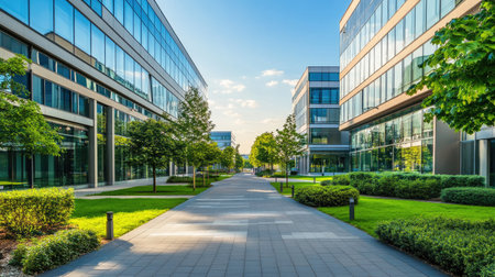A serene view of a modern office complex surrounded by lush greenery and bright sunshine, showcasing an inviting pathway perfect for a fresh urban escape.の素材