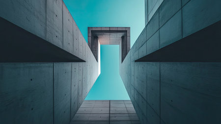 A striking image showcasing modern abstract architecture, featuring tall concrete structures framed against a clear blue sky, emphasizing geometric shapes and perspective.の素材