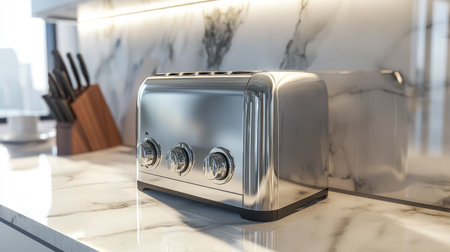 A sleek stainless steel toaster sits on a marble countertop in a contemporary kitchen. Its modern design complements the stylish decor, making breakfast preparation enjoyable and efficient.の素材