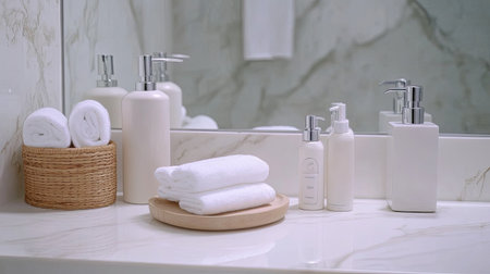 A serene bathroom countertop featuring soft towels, elegant skincare products, and a minimalist design that promotes relaxation and cleanliness.の素材