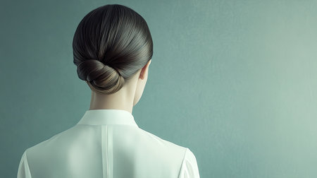 This image showcases the elegant back view of a woman with a sleek bun, embodying modern beauty and simplicity against a soft, textured background.の素材
