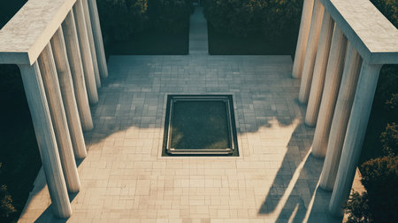 This captivating aerial view showcases a minimalist architectural structure with elegant columns and a serene outdoor environment, emphasizing tranquility and beauty.の素材