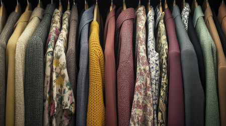 A vibrant collection of stylish clothing hanging on hangers, showcasing a rich variety of textures and colors in a well-organized wardrobe setup.の素材