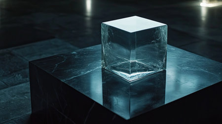 A minimalist transparent cube sits elegantly on a dark marble surface, surrounded by soft illumination. Ideal for concepts of clarity, simplicity, and modern design.の素材