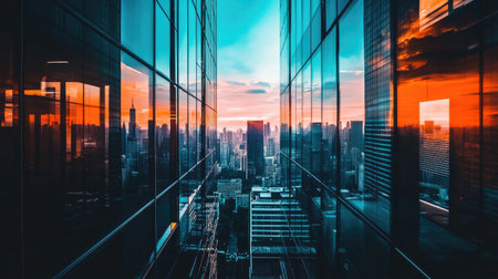 Stunning view of a vibrant sunset over a bustling urban skyline, reflected perfectly in glass buildings. A captivating blend of colors and modern architecture.の素材
