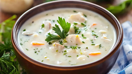 A delightful bowl of creamy chicken soup garnished with fresh herbs and vegetables, perfect for a warm and comforting meal any day.の素材