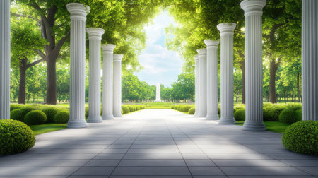 A beautiful garden pathway framed by elegant columns and lush greenery. Sunlight filters through the trees, creating a peaceful atmosphere perfect for relaxation.の素材