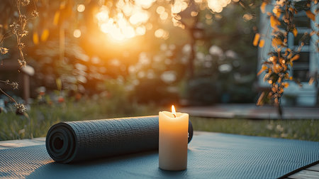 A serene outdoor yoga setting featuring a lit candle beside a yoga mat, surrounded by nature at sunset, creating a peaceful and relaxing atmosphere.の素材