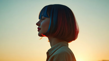A stunning silhouette of a woman with colorful hair against a beautiful sunset. The warm colors create a serene and artistic atmosphere, highlighting beauty.の素材