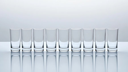 A set of clear glasses arranged in a perfect row, showcasing their reflective surfaces against a minimal background, ideal for modern design themes.の素材