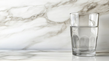 A clear glass filled with water sits elegantly on a polished marble countertop, showcasing purity and simplicity, perfect for kitchen or interior design themes.の素材