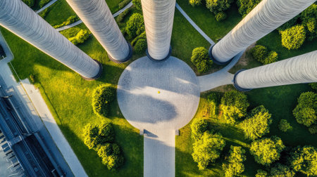 This aerial image captures towering columns surrounded by lush greenery and pathways, showcasing a harmonious blend of urban architecture and nature.の素材