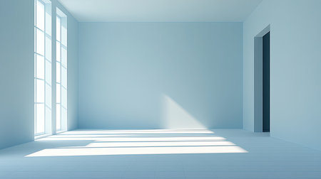 A bright and minimalistic interior space features soft sunlight casting shadows on a clean floor, showcasing modern design with a tranquil atmosphere.の素材