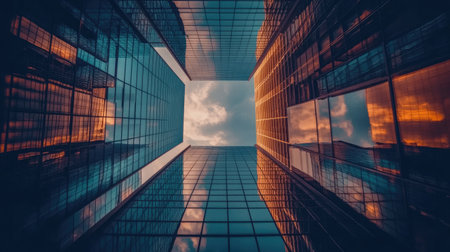 A stunning perspective of urban architecture showcasing glass buildings reflecting the sky and clouds. This image captures the beauty of modern city life.の素材