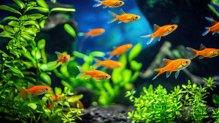 A lively scene showcasing colorful fish swimming amidst lush aquarium plants. This vibrant underwater environment captures the beauty of aquatic life.の素材