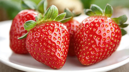 A close-up image of fresh red strawberries arranged on a white plate. Perfect for showcasing healthy eating, summer recipes, and vibrant food photography.の素材