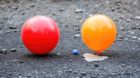 Bright red and orange balloons rest on a textured asphalt surface with a small blue sphere nearby, creating a playful and vibrant outdoor scene perfect for celebrations.の素材