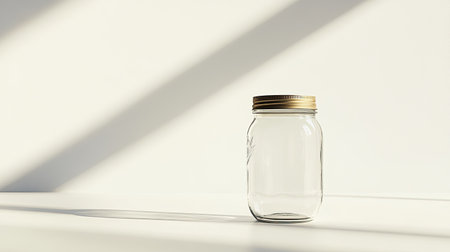 This image features an empty glass jar sitting on a white surface, illuminated by natural sunlight, creating soft shadows and highlighting minimalistic design.の素材