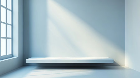 A bright and minimalist interior scene featuring a simple floating shelf illuminated by soft daylight, casting gentle shadows on the walls, creating a serene atmosphere.の素材