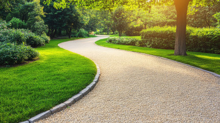 A tranquil curved pathway winds through a lush green park, bathed in warm sunlight. This serene outdoor scene invites peaceful strolls amidst vibrant foliage and nature.の素材