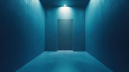 A minimalist interior scene featuring a blue corridor with an open doorway, illuminated by soft light. This serene setting evokes a sense of mystery and calm.の素材