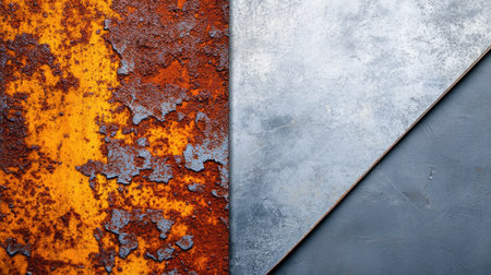 This image features a striking contrast between rusty metal and smooth steel surfaces, offering a rich texture ideal for industrial themes and artistic concepts.の素材